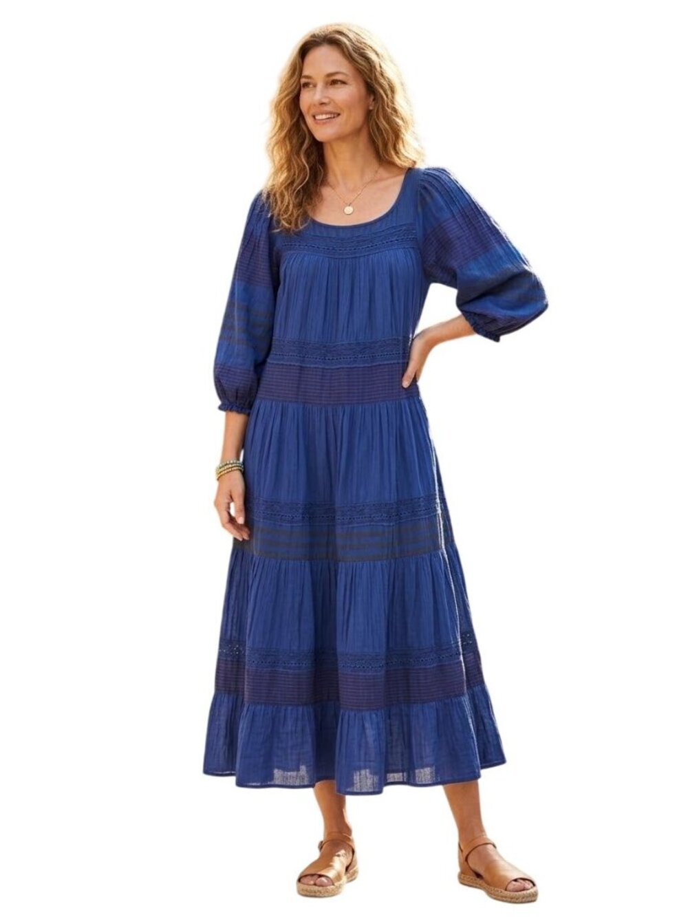 Sundance Cara Belle Midi Dress Blue Bohemian Balloon Sleeve Pockets Size S